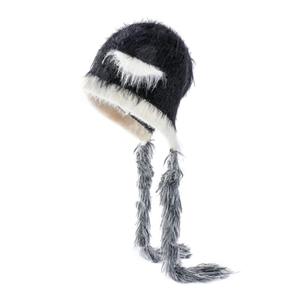 Detail of winter knit hat with cat ears, white plush trim and long grey fur tassels