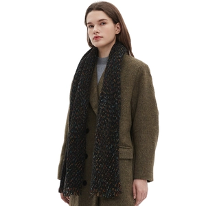Winter black multi-color speckled scarf with fringe styled on an olive green wool coat