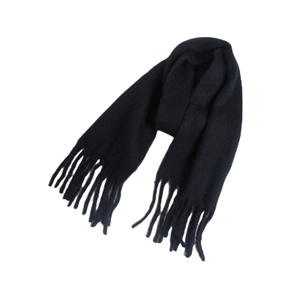 Thick black loop yarn knit scarf with long tassels for winter warmth and soft texture