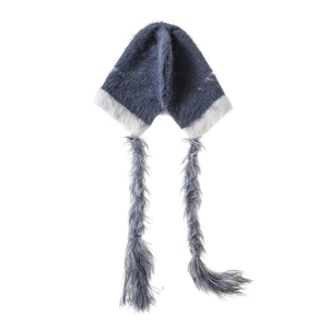 Detail of knit cat ear hat with long gray faux fur trim and blue plush earflap design