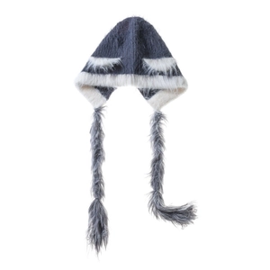 Detail of winter knit hat with cat ears, white faux fur trim and long plush tassels
