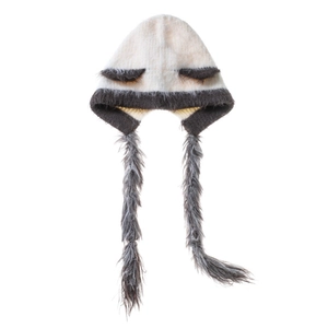 Detail of panda knit hat with cat ears and long plush earflaps in cream and grey