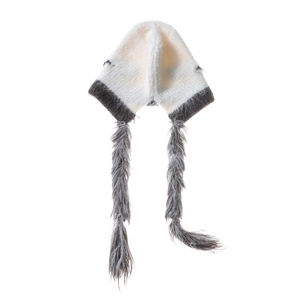 Close-up of white knitted cat ear hat with grey faux fur trim and braided tassels