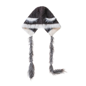 Detailed knit texture of cat ear beanie with fuzzy striped faux mink fur and long tassels