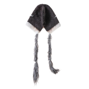 Detail of grey winter knit hat with cat ears and long faux fur braided tassels