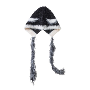 Detail of knit cat ear hat with black plush faux fur and long grey tassel earflaps