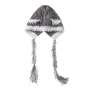 Detail of grey and white plush knit hat with cat ears and long braided earflaps