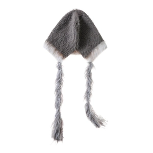 Detailed view of grey faux fur winter hat with white trim and long braided tassels