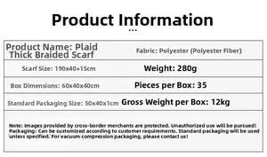 Detailed size and material specification table for this thick plaid polyester scarf