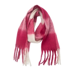 Macro view of fluffy fuchsia and cream checkered knit scarf with thick fringe tassel details