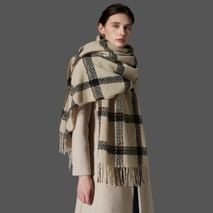 Écharpe à carreaux classique avec franges beige et orange, châle épais pour femme