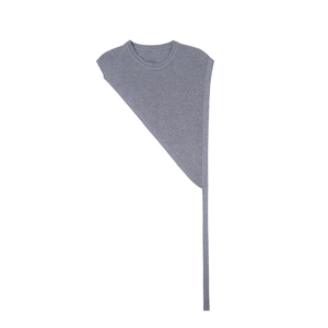Detail of grey ribbed knit asymmetrical shawl featuring unique long draping shoulder strap