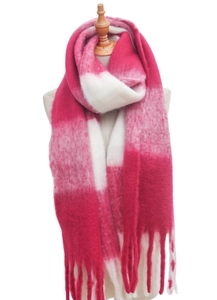 Detail of winter thick scarf with large rose red plaid patterns and long fringe tassels