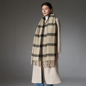 Écharpe à carreaux pour femmes avec franges, motifs beige et orange style automne-hiver