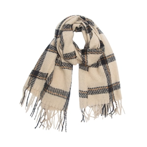 Écharpe classique à carreaux beige avec rayures noires, accents orange et franges