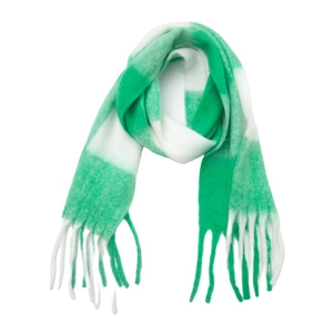 Close-up of thick plaid scarf featuring green and white knit texture and long fringe