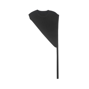 Close-up of black ribbed knit triangular shawl with asymmetric design and round neck