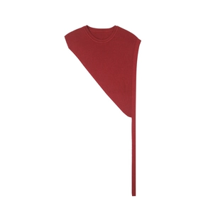 Detail view of burgundy knitted asymmetric shawl wrap with ribbed neckline and unique drape