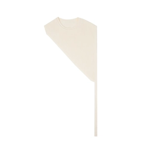 Detail of off-white knitted asymmetric shawl showing round neck and soft texture