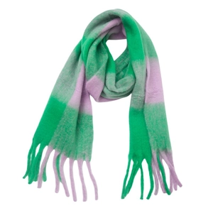 Detailed view of green and purple plaid winter scarf with thick twisted tassels