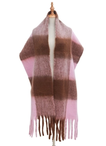 Close-up of pink and brown plaid scarf with soft faux mohair texture and long tassels