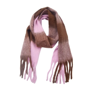 Detailed close-up of pink and brown checkered scarf with thick fringe tassels