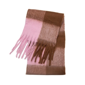 Detail of pink and brown plaid scarf with long tassels and thick knit texture
