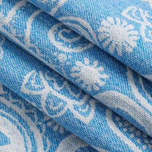 Macro shot of blue and white paisley jacquard wool fabric texture for crossover shawls