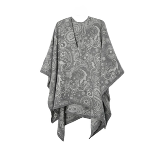 Close-up of grey paisley jacquard pattern on a soft wool knit shawl for women