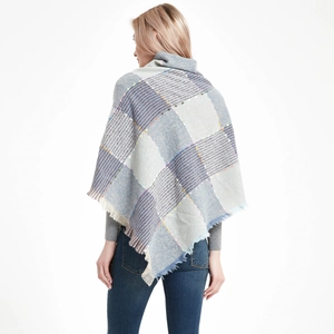 Women's plaid tassel poncho shawl with light grey and blue checked knit pattern