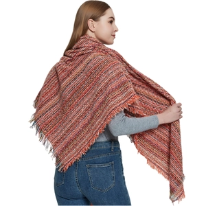 Women's vintage plaid triangle scarf with colorful weave and natural fringe tassels