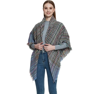 Women plaid triangle scarf with fringe tassels shown on a model for winter styling