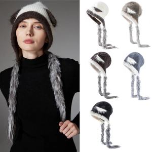 Winter Knit Beanie Hat Cat Ears Faux Fur Trim Ear Protection Long Braid Tassels Warm Color Block For Women