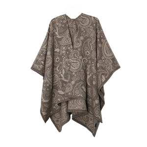 Detailed close-up of bohemian paisley wool blend shawl with intricate brown patterns