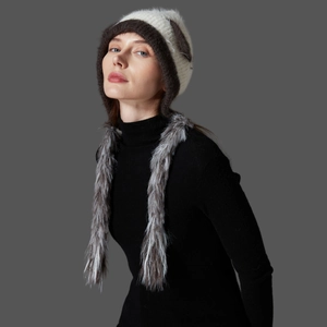 Winter knit hat with cat ears, mink fur earflaps and bicolor braided tassels for women