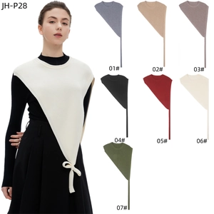 Short sleeve knitted triangle shawl wrap for women with elegant front bow tie detail