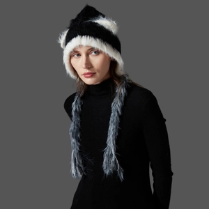 Winter cat ear faux mink fur knit hat with long ear flaps in black and white