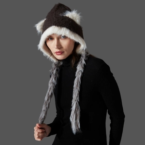Winter knit cat ear hat with brown knit fabric and fluffy white faux fur ear flaps