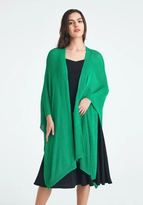Detailed texture of lightweight grass green knit shawl with elegant open-front design