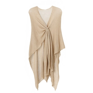 Close-up of beige knit shrug shawl with elegant knot detail and lightweight texture
