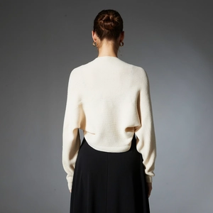 Beige knitted shawl cardigan for women featuring a short round neck and drop shoulder design