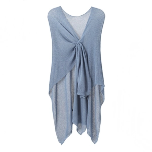 Detail of light blue lightweight mesh knit shrug featuring a front twist knot design