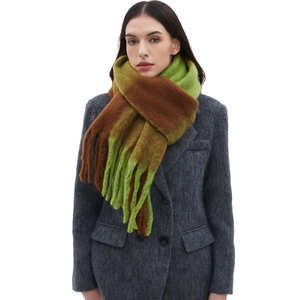 Plaid Block Color Winter Warm Scarf Thick Polyester Imitation Mohair Long Tassel Shawl Women Casual Fashion Wrap