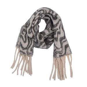 Detail view of wavy jacquard knit scarf with stylish marble pattern and long white tassels