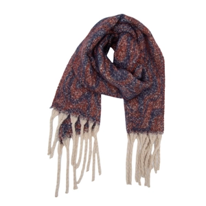 Detail showing wavy jacquard texture and off-white tassels on a warm knitted scarf