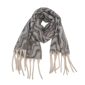 Macro detail of wave texture on gray mohair-like scarf with chunky cream tassels