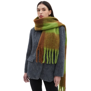 Thick plaid oversized scarf with colorful mohair-like texture and long fringes