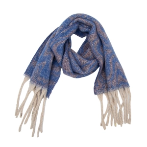 Close-up of royal blue knitted scarf with purple wave patterns and white tassels