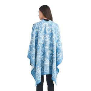 Elegant blue and white wool paisley jacquard shawl wrap for women in a loose fit