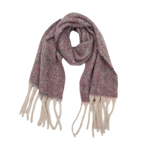 Detailed knit texture of burgundy wavy jacquard scarf with chunky beige tassels